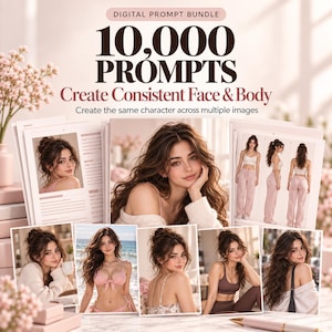 Peut inclure: Un ensemble de prompts numériques avec le texte 10,000 PROMPTS Create Consistent Face & Body. L'image présente plusieurs exemples photographiques d'une personne aux longs cheveux bruns dans diverses tenues, poses et décors pour la cohérence.