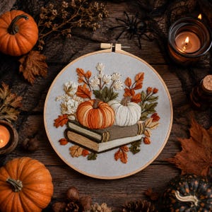 Peut inclure: Un tambour à broder circulaire contenant un panneau en tissu avec un motif brodé de deux livres empilés surmontés d'une citrouille orange et d'une citrouille blanche, entourés de feuilles d'automne, de fleurs blanches et de feuillage vert.