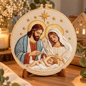 Può includere: Un telaio da ricamo circolare con una dettagliata rappresentazione a punto croce della Sacra Famiglia. Il disegno mostra una figura barbuta con tunica blu e rossa, una figura con velo bianco e un bambino, tutti con aureole e stelle ricamate in oro.