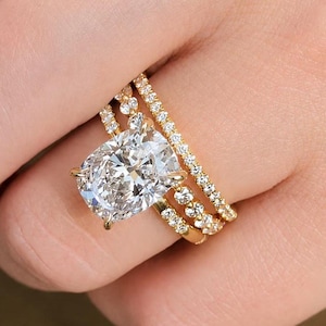 3 CT Cushion Cut Moissanite Engagement Ring Set, 14K Yellow Gold Bridal Ring Set, Hidden Halo Wedding Ring , Anniversary Three Band Ring Set
