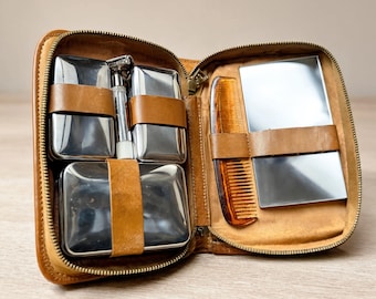 Kit de aseo vintage para hombre / Neceser de cuero con maquinilla de afeitar / Set de afeitado retro / Neceser antiguo / Regalo para él
