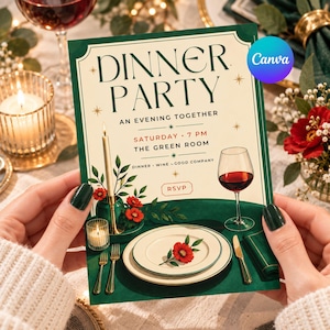 Peut inclure: Une carte d'invitation rectangulaire pour un dîner aux tons vert foncé et crème. Le texte indique DINNER PARTY, AN EVENING TOGETHER, SATURDAY 7 PM, THE GREEN ROOM, DINNER WINE GOOD COMPANY et RSVP. Elle montre une bougie, un verre et une assiette.
