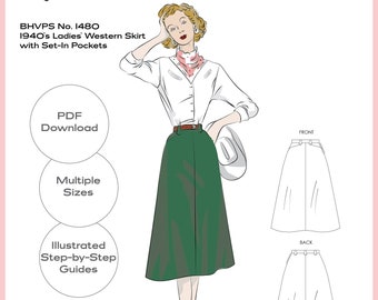 Vintage Sewing Pattern Reproduction - Multiple Sizes - 1940's Ladies' Western Skirt with Set-In Pockets No.1480 - INSTANT DOWNLOAD PDF