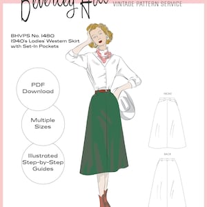 Può includere: Un modello di cucito vintage per una gonna western degli anni '40 con tasche inserite. Il modello include un download PDF, diverse taglie e guide illustrate passo dopo passo. Il modello è per una gonna con una gonna verde e una camicetta bianca.