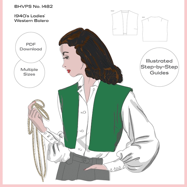 Vintage Sewing Pattern Reproduction - Multiple Sizes - 1940's Ladies' Western Bolero/Vest No.1482 - INSTANT DOWNLOAD PDF