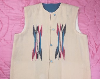 Vintage Ganscraft Chimayo woven 100% wool blanket vest. Southwestern. Creamy white. Turquoise buttons. Fully lined. Size Women's 16 large