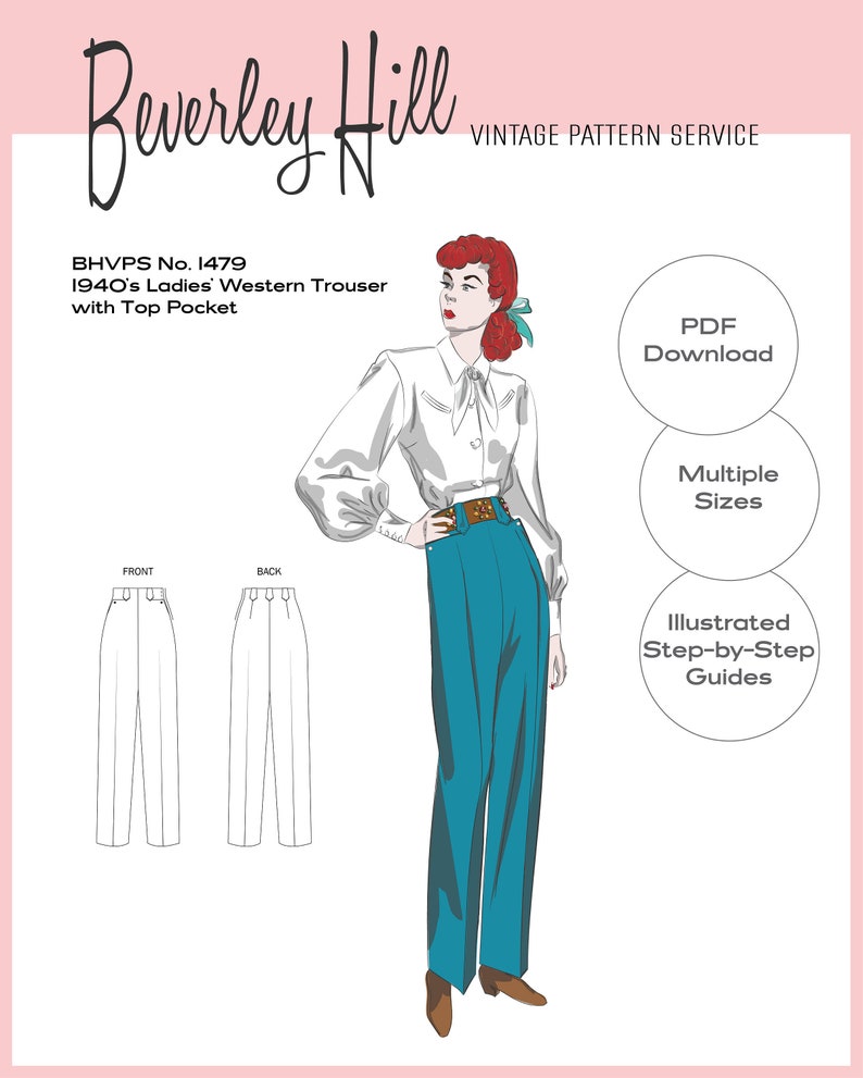 1940s Sewing Patterns – Dresses, Overalls, Lingerie etc     Vintage Sewing Pattern Reproduction - Multiple Sizes - 1940s Ladies Western Trousers Pants with Top Pockets No.1479 - INSTANT DOWNLOAD PDF $13.72 AT vintagedancer.com