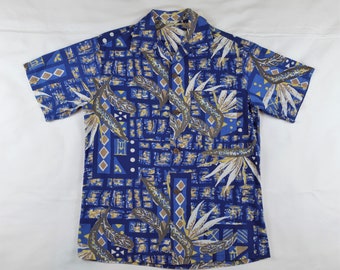 Alfred Shaheen Kiilani 1950s Men's vintage Hawaiian Aloha Shirt. Small. Cotton. Bird of Paradise. Blues, bronze, yellow, white. Loop collar