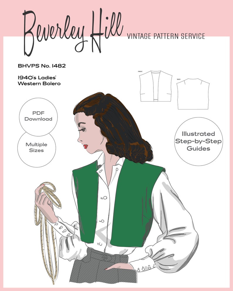 1940s Sewing Patterns – Dresses, Overalls, Lingerie etc     Vintage Sewing Pattern Reproduction - Multiple Sizes - 1940s Ladies Western Bolero/Vest No.1482 - INSTANT DOWNLOAD PDF $9.14 AT vintagedancer.com