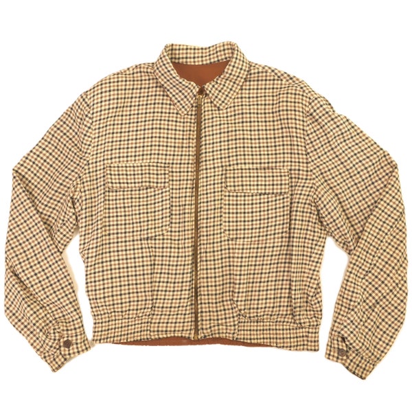 Vintage 1950s McGregor 2 color Reversible Men's Ricky jacket. Size 40. Brown and plaid sides. Flap pockets. Rockabilly.