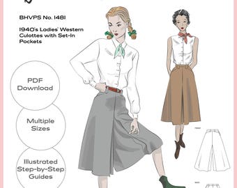 Vintage Sewing Pattern Reproduction - Multiple Sizes - 1940's Ladies' Western Culottes with Set-In Pockets No.1481 - INSTANT DOWNLOAD PDF