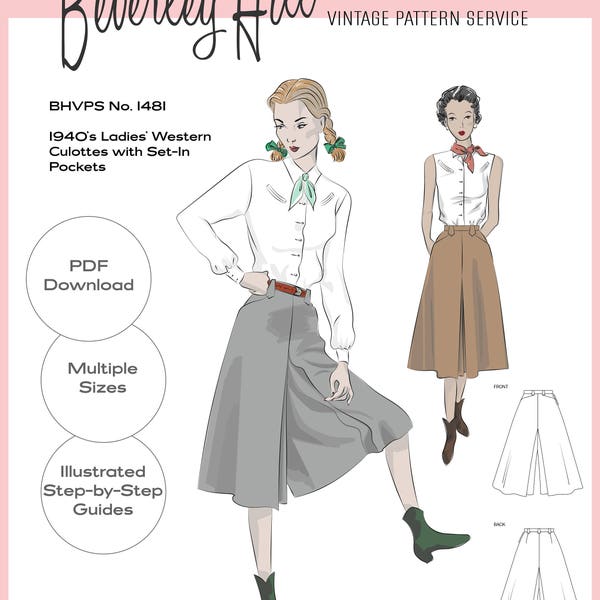 reproduction de patron de couture vintage - Tailles multiples - Culottes occidentales pour dames des années 1940 avec poches montées No.1481 - TÉLÉCHARGEMENT INSTANTANÉ PDF