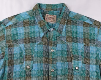 Vintage 1960s Rockmount Ranch Wear Men's Western Shirt. Turquoise Green Olive Plaid. Silver Topstitching. Yoke pockets Hexagonal Pearl Snaps