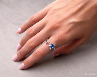 Anillo ajustable Estrella Celestial, anillo abierto de cristal brillante, joyería minimalista de oro, regalo para ella.