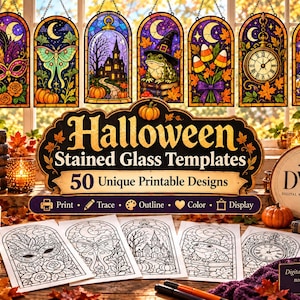 May include: A collection of Halloween stained glass templates featuring 50 printable designs. The set includes colorful arched illustrations of a mask, moth, haunted house, frog, candy corn, clock, and cat, alongside black and white line art pages.
