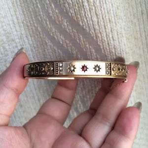 1907 Victorian 9K Rose Gold Ruby Pearl Bangle Antique English Hallmarked Bracelet