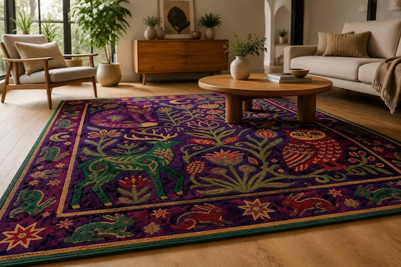 Hand Tufted Woodland Rug, Purple Animal Area Rug, Cat Deer Owl Rug, Celestial Floral Carpet, Cottagecore Boho Rug, Forest Nature Decor