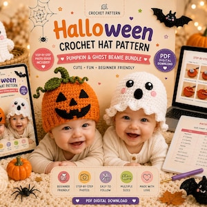 May include: A digital PDF crochet pattern for Halloween pumpkin and ghost beanies. The cover features two infants wearing the crocheted hats, alongside text including 'Halloween Crochet Hat Pattern' and 'Pumpkin & Ghost Beanie Bundle'.
