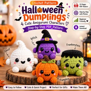 Può includere: Uno schema digitale per uncinetto intitolato Halloween Dumplings che presenta quattro personaggi amigurumi: un fantasma bianco, una strega viola con un cappello nero, una zucca arancione e un Frankenstein verde. Il documento include istruzioni passo dopo passo.