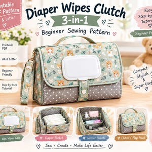 Op de afbeelding: Een 3-in-1 billendoekjes-clutch naaipatroon met lichtgroene stof met beren- en bloemenprint, een grijze basis met stippen, een witte plastic dispenser, een handvat aan de bovenkant en een afneembare riem, getoond met binnenvakken.