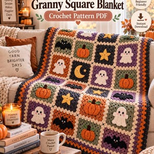 Könnte beinhalten: Eine Häkeldecke bestehend aus einem Raster von Granny Squares mit Halloween-Motiven, darunter orangefarbene Kürbisse, weiße Geister, schwarze Fledermäuse, gelbe Sterne und ein gelber Halbmond, umrandet von einer orange-schwarzen Kante.