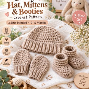 May include: A beige crochet baby hat, two mittens, and two booties set. The text reads: Baby Hat, Mittens & Booties Crochet Pattern, 3 Sizes Included 0-12 Months, PDF Pattern, Beginner Friendly, US Crochet Terms, Detailed Instructions, 3-Piece Set.