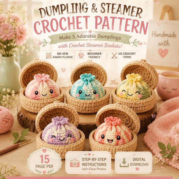 Häkelanleitung für eine Teigtasche und einen Dampfgarer, das virale Kawaii-Teigtaschen-Amigurumi-Plüschtier, einfache Teigtasche für Anfänger (PDF-Anleitung)