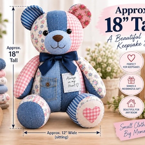 May include: A patchwork teddy bear made from various fabrics including blue denim, pink gingham, and floral patterns. It features a dark blue satin bow at the neck, a denim pocket, and a white patch with the text Always in my Heart. It is 46 cm tall.