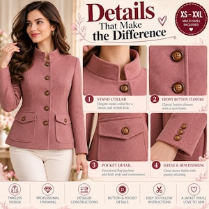 Può includere: Una giacca rosa polvere con colletto alla coreana, chiusura frontale con bottoni e due tasche con patta. L'immagine include i testi: Details That Make the Difference, XS-XXL, Stand Collar, Front Button Closure, Pocket Detail, Sleeve & Hem Finishing.