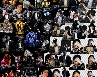 May include: A collage of multiple images of Michael Jackson featuring various iconic poses, stage outfits, and the text King of Pop and Michael Jackson. The collection includes black and white and color depictions of the performer in hats and gloves.