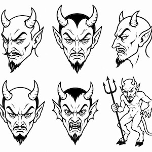 Puede incluir: Una colección de ilustraciones en blanco y negro que presenta cinco retratos distintos de cabezas de diablo con cuernos, orejas puntiagudas y perillas, junto a una figura de diablo de cuerpo entero con un tridente y una cola.