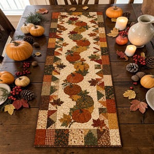 Peut inclure: Un chemin de table rectangulaire en tissu orné d'un motif central vertical de citrouilles orange, vertes et jaunes entourées de feuilles d'automne. La bordure présente un design en patchwork avec de petits carrés dans des tons marron, orange et vert.