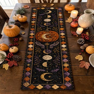 May include: A rectangular table runner featuring a black background with a central orange pumpkin, moon phases, stars, and two hands. The border consists of a diamond pattern in orange, purple, and gold. The runner is decorated with botanical vines.