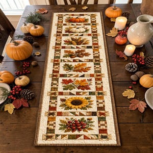 May include: A rectangular quilted table runner featuring a series of panels with autumn-themed illustrations including pumpkins, acorns, fall leaves, a sunflower, and berries, bordered by a geometric patchwork pattern in shades of brown, green, and tan.