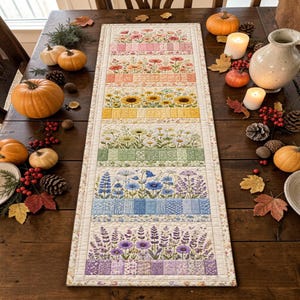 Peut inclure: Un chemin de table matelassé rectangulaire présentant une disposition verticale de panneaux floraux colorés dans des tons de rose, orange, jaune, vert, bleu et violet, bordés de bandes de tissu à motifs assortis et d'une bordure crème.