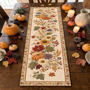 May include: A rectangular fabric table runner featuring a quilted cream background with a central botanical print of orange pumpkins, sunflowers, daisies, wheat stalks, and autumn leaves in shades of red, green, and gold, bordered by a floral pattern.