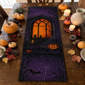 May include: A rectangular table runner featuring a dark purple fabric with a quilted spiderweb pattern, a central gothic window design with an orange glowing interior, and printed imagery of pumpkins, bats, and candles in a spooky Halloween theme.