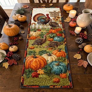 Può includere: Un runner da tavola trapuntato rettangolare con una scena autunnale stampata raffigurante tacchini, zucche, girasoli e un cartello in legno con la scritta Welcome to Our Patch. Il design include zucche arancioni, verdi e blu su sfondo verde.