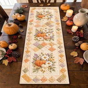 Pode incluir: Um caminho de mesa acolchoado retangular com um padrão repetitivo de abóboras laranja e margaridas brancas sobre um fundo creme, contornado por um design de patchwork em forma de losangos em tons de laranja, amarelo, verde e roxo.