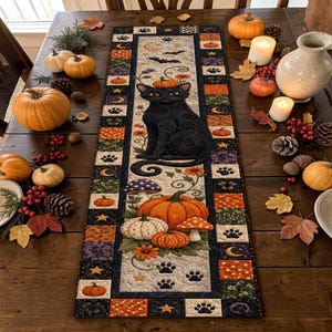 May include: A rectangular fabric table runner featuring a central panel with a black cat sitting among pumpkins, mushrooms, and flowers, surrounded by a border of alternating squares with patterns of paw prints, stars, and crescent moons.