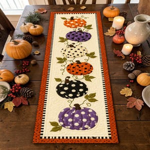 May include: A rectangular quilted table runner featuring a vertical row of six appliqued pumpkins in orange, purple, white, and black, each decorated with white or black polka dots, connected by green vines on a cream background with a border.