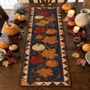 May include: A rectangular quilted table runner featuring a dark blue background with a pattern of orange, red, and cream-colored autumn leaves and pumpkins. The border consists of a geometric triangle design in shades of brown, cream, and blue.