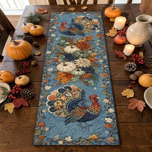 May include: A rectangular fabric table runner featuring a blue background with a repeating pattern of two turkeys, various pumpkins, and autumn leaves. The design includes detailed illustrations of colorful turkeys and gourds surrounded by foliage.