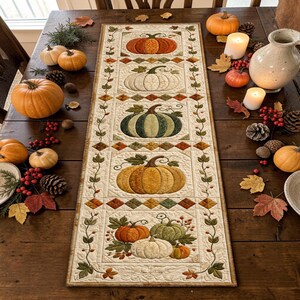 Puede incluir: Un camino de mesa rectangular de tela con un diseño acolchado de cinco paneles distintos, cada uno con varias calabazas en tonos naranja, blanco y verde, bordeado por un patrón de enredadera con hojas y pequeñas bayas sobre un fondo crema.