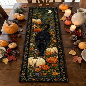 May include: A rectangular table runner featuring a black cat walking through a garden of orange and yellow flowers, pumpkins, and mushrooms. The design includes a crescent moon and bats against a dark background, framed by a decorative floral border.