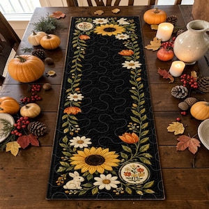 May include: A rectangular black quilted table runner featuring a printed border of sunflowers, white daisies, orange tulips, green vines, and small white rabbits. The fabric has a continuous meandering stitch pattern throughout the black center.
