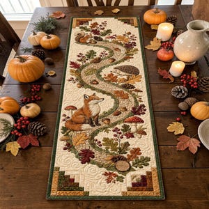 May include: A rectangular fabric table runner featuring a quilted design with a winding path motif. The pattern includes embroidered illustrations of a fox, a squirrel, and a hedgehog surrounded by autumn leaves, acorns, pinecones, and mushrooms.