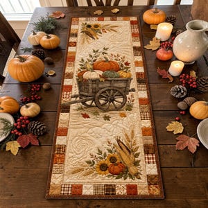 May include: A rectangular quilted table runner featuring a central illustration of a wooden cart filled with pumpkins and gourds. The design includes sunflowers, wheat stalks, and autumn leaves on a cream background with a patchwork border.