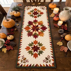 May include: A rectangular quilted table runner featuring a cream-colored background with three repeating star patterns composed of autumn-colored fabric leaves in shades of orange, red, yellow, and green, bordered by a triangle-patterned edge.