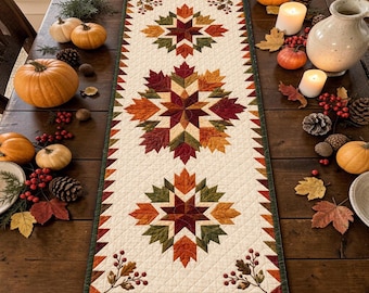 Autumn Maple Leaf Quilted Table Runner, Cream Patchwork Quilt Home Decor, Fall Dining Table Decor With Orange Burgundy Leaves And Berries